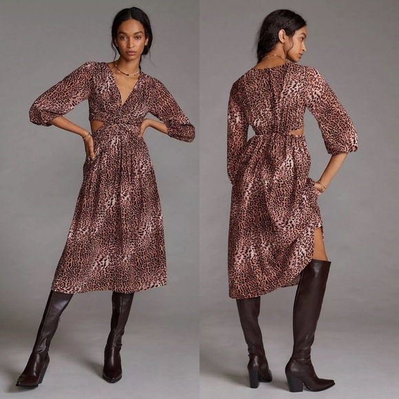 ANTHROPOLOGIE RANNA GILL BROWN MOTIF CHEETAH LONG SLEEVE CUT OUT MIDI DRESS - Picture 1 of 13